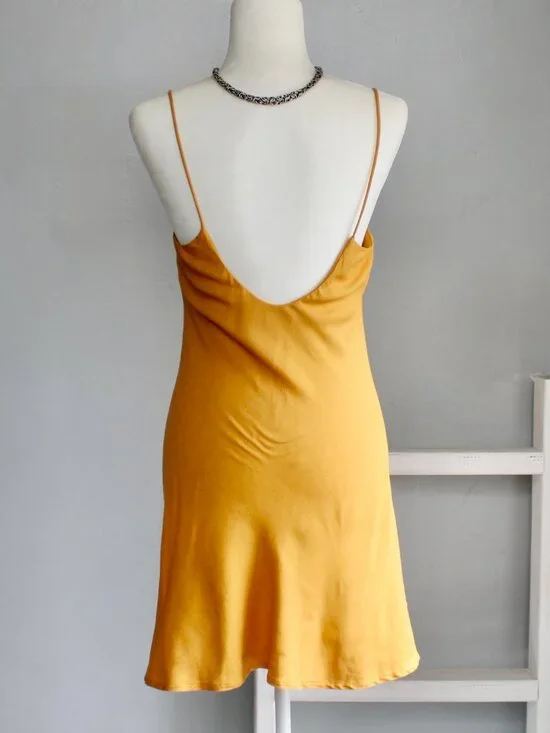 ASOS Mustard Yellow Linen Blend Slip Mini Spaghetti Strap Slit Dress Size 6 US - Picture 2 of 8